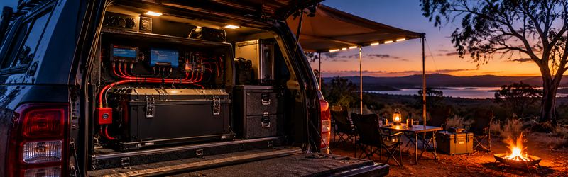 Touring 4WD at a bush campsite at dusk, with an auxiliary battery, chargers and storage drawers fitted in the rear cargo area