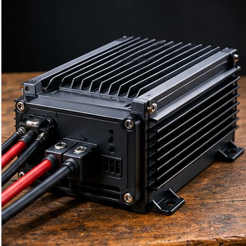 DC-DC battery charger with red and black cables connected