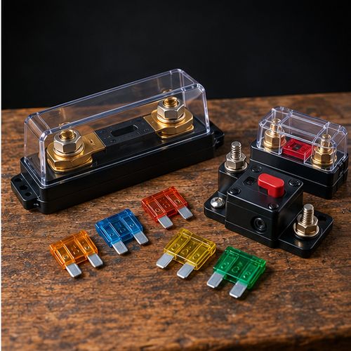 Fuse holders, a DC circuit breaker and blade fuses