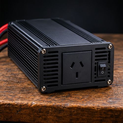 12V inverter with an Australian 240V AC power outlet and power switch on the front