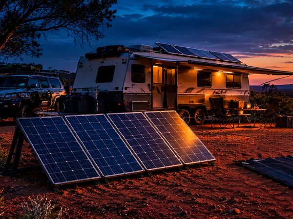 Caravan and 4WD at an outback camp with portable solar panels at sunset