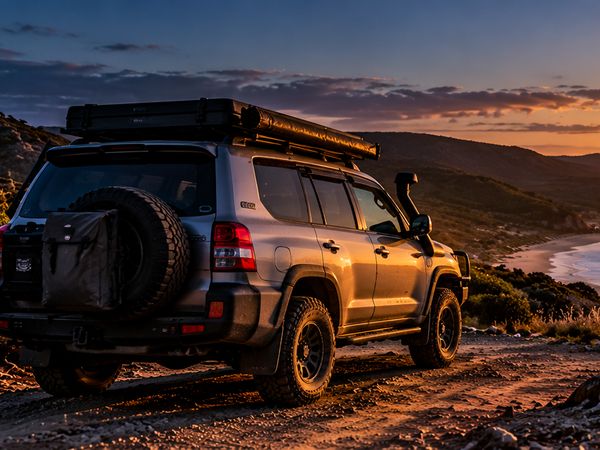 Touring 4WD parked above a beach at sunset