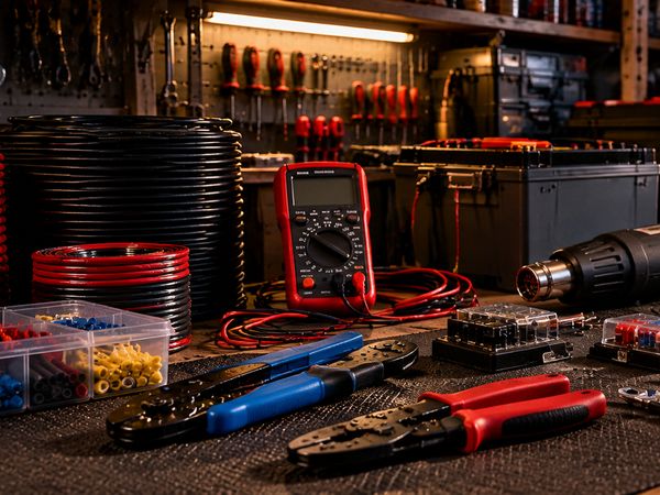 Workbench with red and black cable, crimpers, a multimeter and connectors